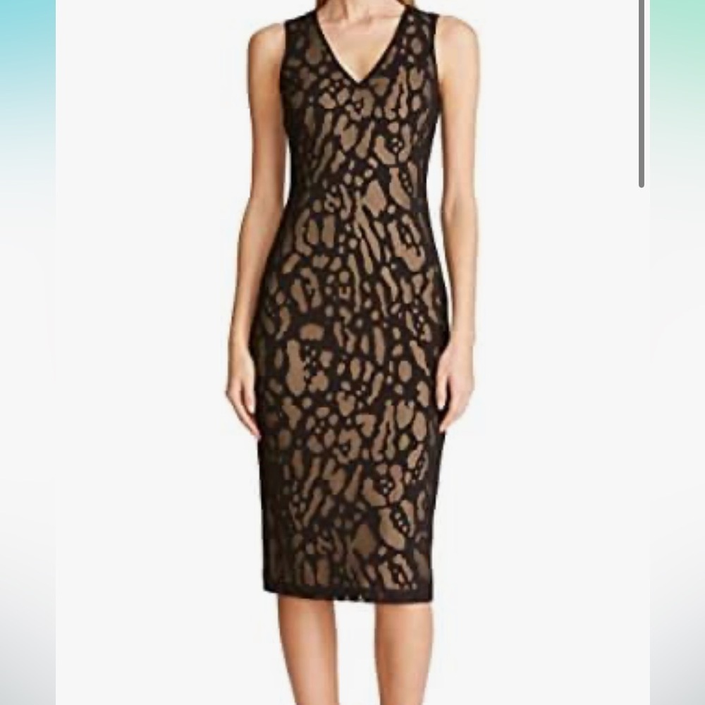 Halston Heritage Black and Tan Patterned Midi Dress